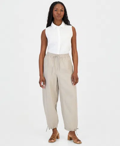 Charter Club Petite Drawstring-waist Barrel-leg Linen Pants, Macy's Exclusive In Neutral