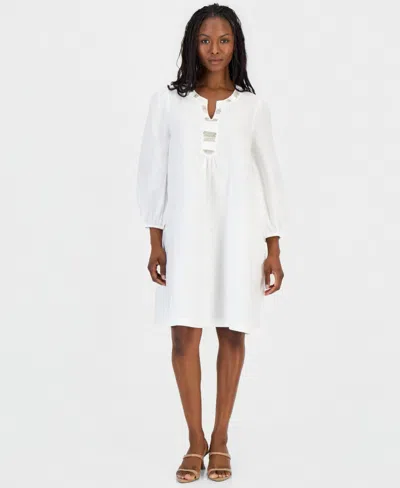 Charter Club Petite Embellished Linen Shift Dress, Macy's Exclusive In White