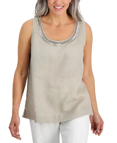 Charter Club Petite Embellished Scoop Neck Linen Tank Top, Created For Macy's In Flax Combo