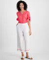 Charter Club Petite 100% Linen Embroidered Cropped Pants, Exclusively At Macy's In Bright White