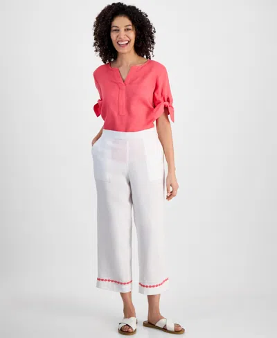 Charter Club Petite 100% Linen Embroidered Cropped Pants, Exclusively At Macy's In Bright White