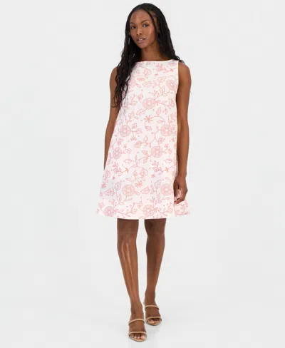 Charter Club Petite Embroidered Linen Shift Dress, Macy's Exclusive In Pink