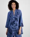 Charter Club Petite Embroidered Linen Tunic, Exclusively At Macy's In Blue Ocean
