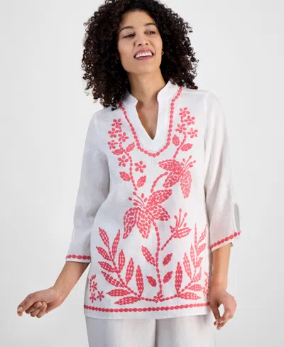 Charter Club Petite 100% Linen Embroidered Tunic, Exclusively At Macy's In Bright White