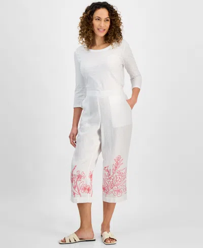 Charter Club Petite 100% Linen Embroidery Crop Pants, Exclusively At Macy's In Cmb Bright