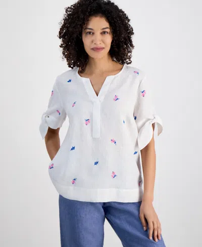 Charter Club Petite Floral-embroidered Linen Tie-sleeve Top, Exclusively At Macy's In Bright White