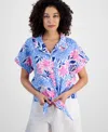 Charter Club Petite 100% Linen Floral-print Tie-front Shirt, Exclusively At Macy's In Bright White