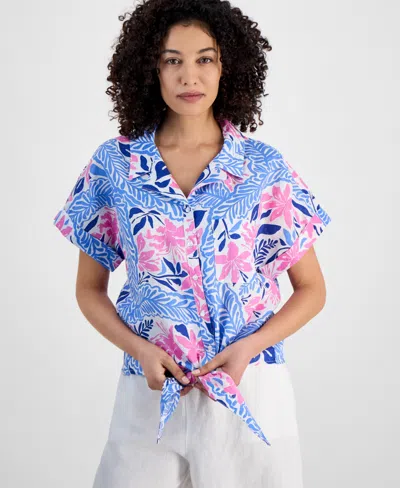 Charter Club Petite 100% Linen Floral-print Tie-front Shirt, Exclusively At Macy's In Bright White