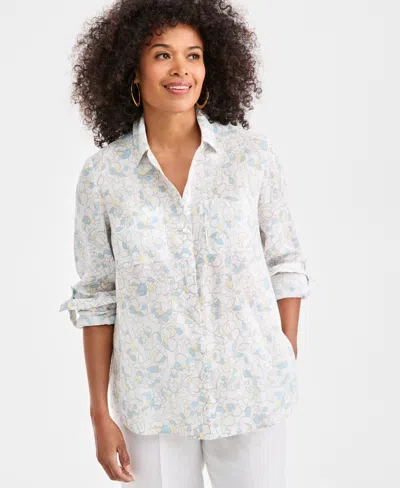 Charter Club Petite Floral Woven Collar Shirt In White