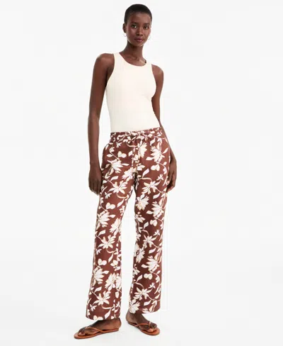 Charter Club Petite Floral-print Wide-leg Drawstring Linen Pants, Macy's Exclusive In Brown
