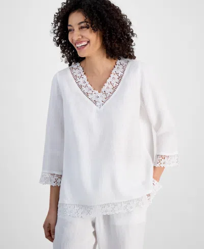 Charter Club Petite Lace-trim Linen V-neck Tunic, Exclusively At Macy's In Bright White