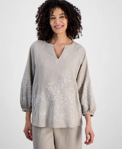 Charter Club Petite 100% Linen Embroidered Top, Exclusively At Macy's In Cmb Flax