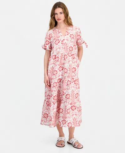 Charter Club Petite Linen Pineapple Bliss Tie-sleeve Maxi Dress, Macy's Exclusive In Pink