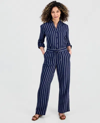 Charter Club Petite Linen Savannah Stripe Drawstring Pants, Macy's Exclusive In Blue