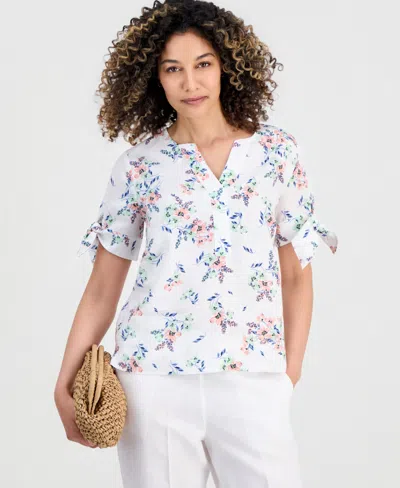 Charter Club Petite Linen Shannons Garden Tie-sleeve Top, Macy's Exclusive In White