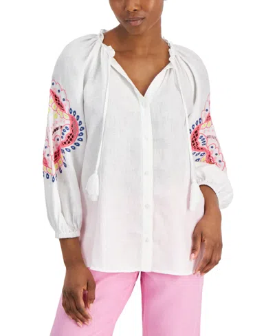 Charter Club Petite Linen Split-neck Cutwork-sleeve Top, Created For Macy's In Bright White