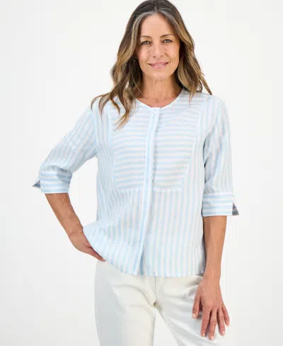 Charter Club Petite Linen Striped 3/4-sleeve Shirt, Macy's Exclusive In Blue