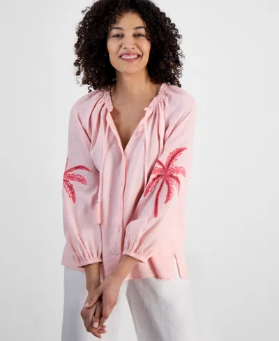 Charter Club Petite 100% Linen Tie-neck Embroidered-sleeve Top, Exclusively At Macy's In Warm Blush