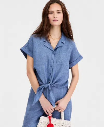 Charter Club Petite Linen Tie-front Top, Exclusively At Macy's In Blue