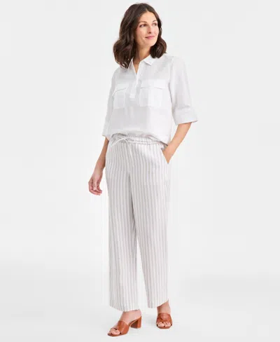 Charter Club Petite Multi-stripe Full Length Linen Pants, Macy's Exclusive In White