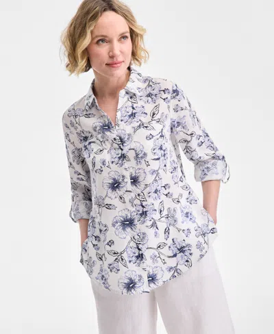 Charter Club Petite 100% Linen Printed Button-front Shirt, Exclusively At Macy's In Bright White