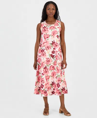 Charter Club Petite Printed Linen Midi Dress, Macy's Exclusive In Pink