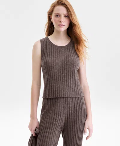 Charter Club Petite Rib-knit Cashmere Crewneck Tank Top, Exclusively At Macy's In Brown