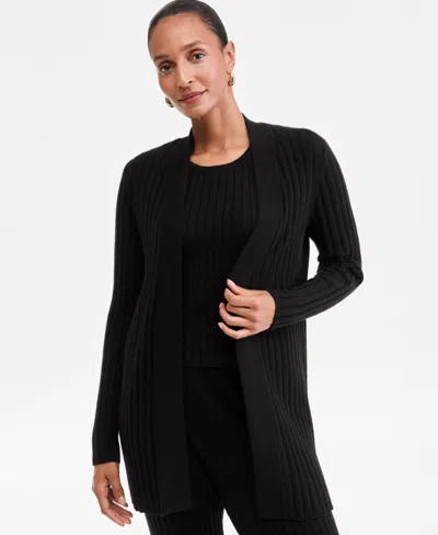 Charter Club Petite Rib-knit Open-front Cashmere Duster, Exclusively At Macy's In Black