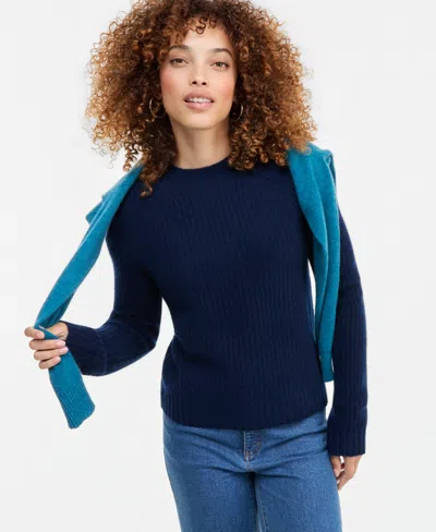 Charter Club Petite Shaker Stitch Crew Crewneck Cashmere Sweater, Created For Macy's In Blue
