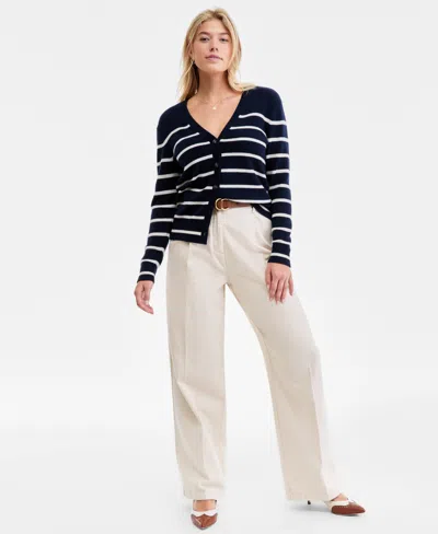 Charter Club Petite Striped Cashmere Boyfriend Cardigan, Exclusively At Macy's In Blue