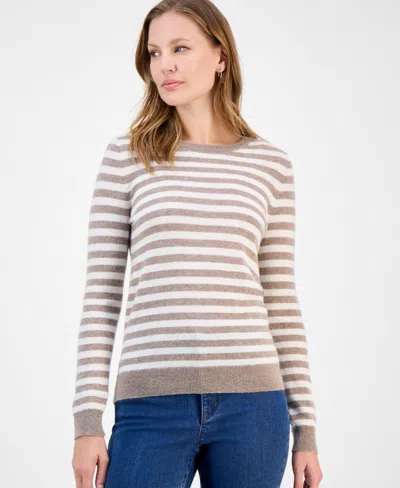 Charter Club Petite Striped Cashmere Sweater, Macy's Exclusive In Brown