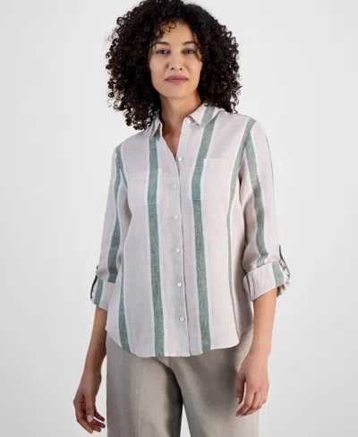 Charter Club Petite 100% Linen Striped Shirt, Exclusively At Macy's In Neutral Co