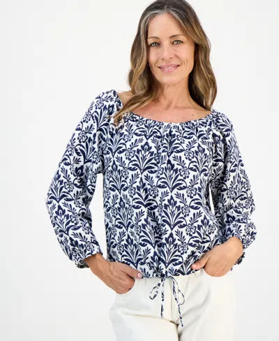 Charter Club Petite Tile Print 3/4-sleeve Gathered-hem Top, Macy's Exclusive In Blue