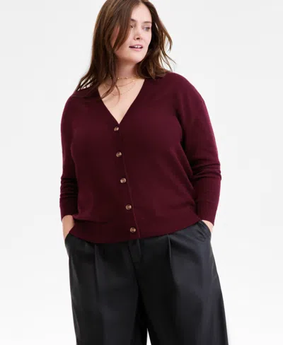 Charter Club Plus Size 100% Cashmere Button-front Cardigan, Macy's Exclusive In Burgundy