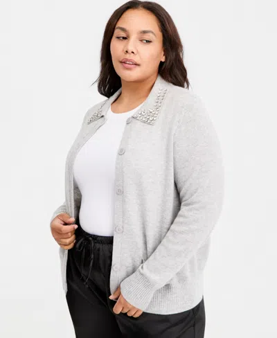 Charter Club Plus Size 100% Cashmere High-rib Embellished Cardigan, Macy's Exclusive In Ice Grey Heather