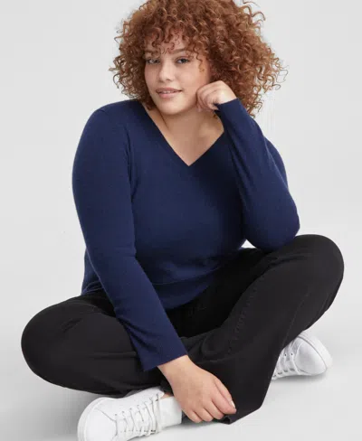 Charter Club Plus Size 100% Cashmere V-neck Sweater, Created For Macy's In Admiral Navy