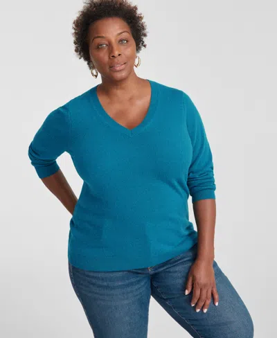 Charter Club Plus Size 100% Cashmere V-neck Sweater, Created For Macy's In Blue Opal Heather