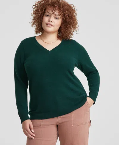 Charter Club Plus Size 100% Cashmere V-neck Sweater, Created For Macy's In Deep Pine