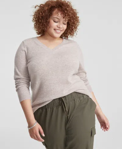 Charter Club Plus Size 100% Cashmere V-neck Sweater, Created For Macy's In Pearl Taupe Heather