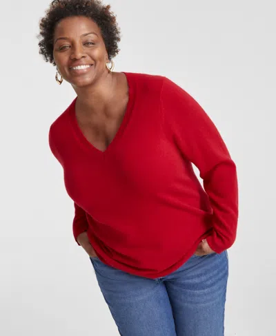Charter Club Petite Cashmere V-neck Pullover Sweater, Created For Macy's In Red Polish