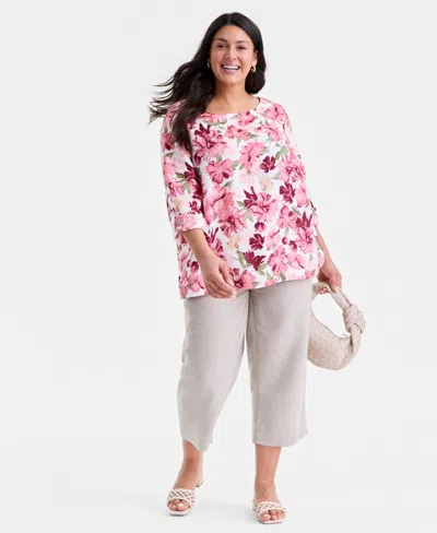 Charter Club Plus Size 100% Linen Cropped Pants, Exclusively At Macy's In Gray