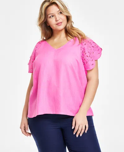 Charter Club Plus Size 100% Linen Embroidered Flutter-sleeve Top, Created For Macy's In Phlox Pink
