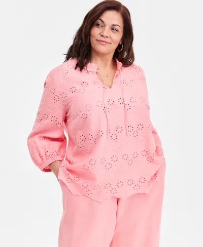 Charter Club Plus Size 100% Linen Eyelet Tie-neck Top, Macy's Exclusive In Pink