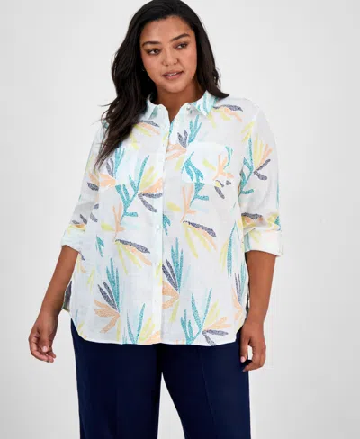 Charter Club Plus Size 100% Linen Palm Print Shirt, Exclusively At Macy's In Bright White