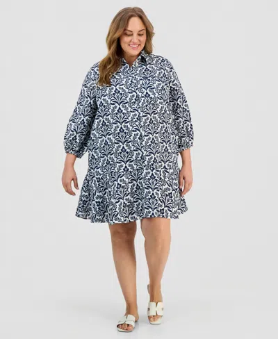 Charter Club Plus Size 100% Linen Printed Shirtdress, Macy's Exclusive In Blue
