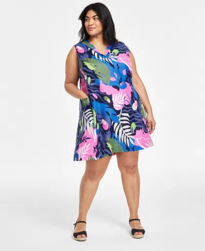 Charter Club Plus Size 100% Linen Printed Split-neck Dress, Created For Macy's In Gold