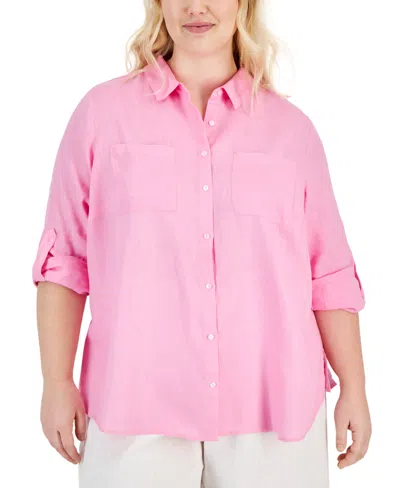 Charter Club Plus Size 100% Linen Roll-tab Shirt, Created For Macy's In Bubble Bath