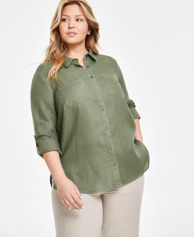 Charter Club Plus Size 100% Linen Roll-tab Shirt, Created For Macy's In Cool Olive