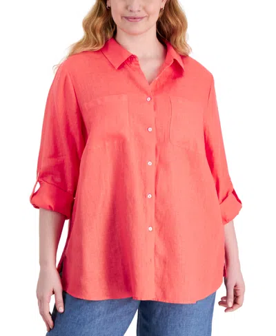 Charter Club Plus Size 100% Linen Roll-tab Shirt, Created For Macy's In Coral Punch