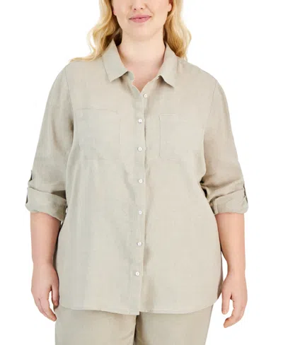 Charter Club Plus Size 100% Linen Roll-tab Shirt, Created For Macy's In Flax
